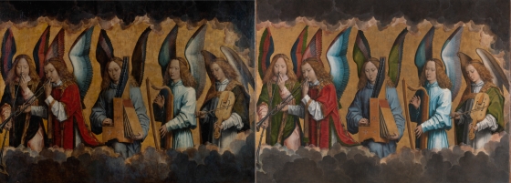 Hans Memling, Christ with singing and music-making Angels (before and after restoration), KMSKA, Lukas - Art in Flanders, Rik Klein Gotink.