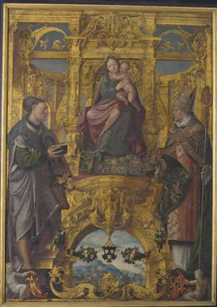 Tronende Madonna met de heiligen Lukas en Eligius  - Lancelot Blondeel - 1545