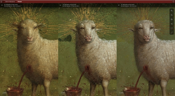  Before restoration (with the 16th-century overpaint still present) During restoration (showing the Van Eycks’ original Lamb from 1432 before retouching) After retouching (the final result of the restoration)