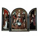 Kanunnik met de heilige Livinus (links), De maagschap van de heilige Anna (midden), Schenkster met de heilige Elisabeth (rechts), De Annunciatie (gesloten) - omgeving van Meester van de Familie van de Heilige Anna - 1500 - 1510