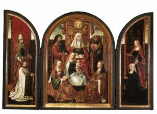 A Canon with Saint Livinus (left wing), The Family of Saint Anne
(centre panel), Donor with Saint Elizabeth (right wing), The Annunciation (closed) - Proximity of the Master of the Holy Family with Saint Anne - 1500 - 1510
